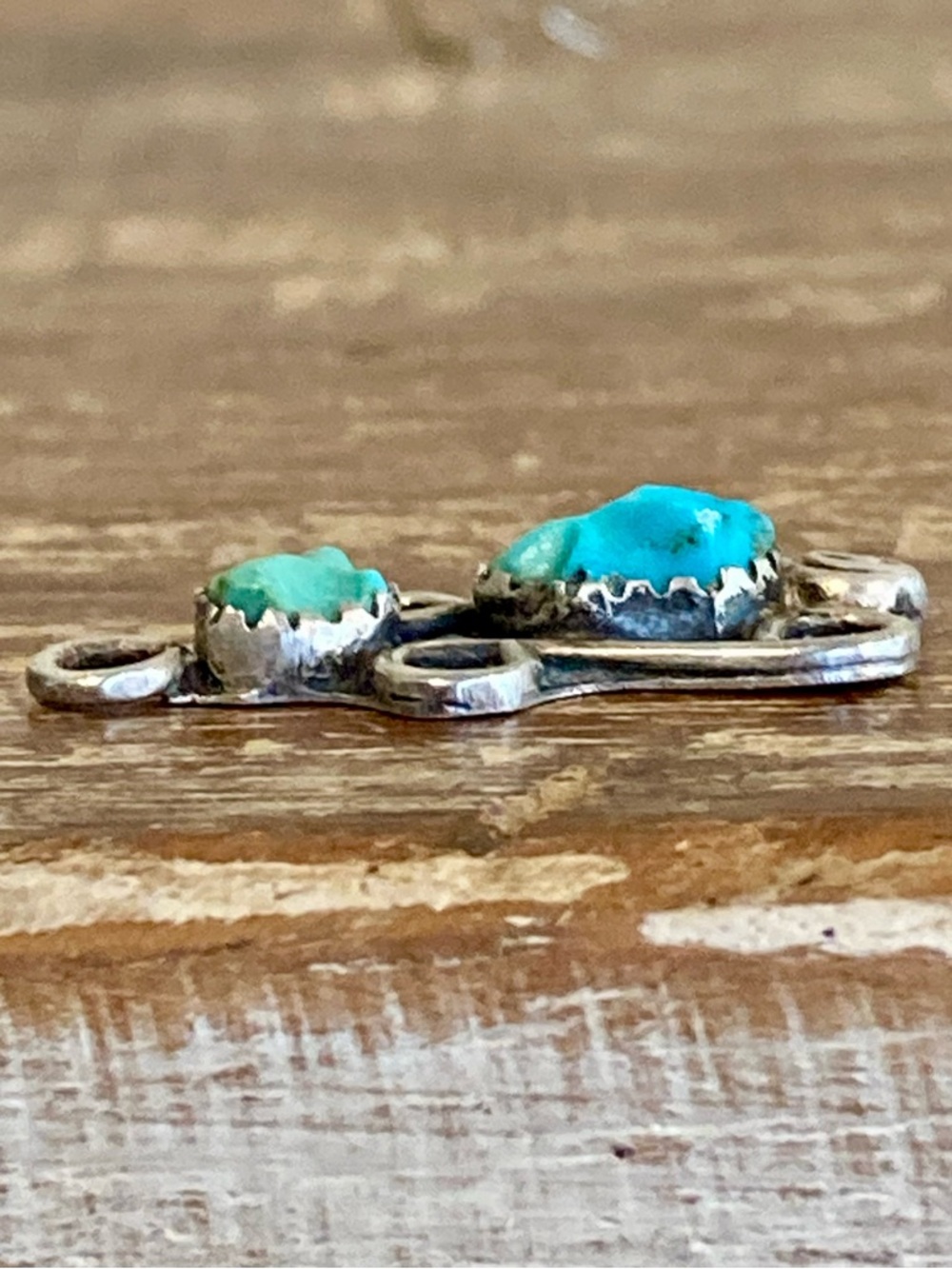 Small Southwestern Style Pendant Silver Tone with Two Blue Stones Sawtooth Bezel - Picture 6 of 11